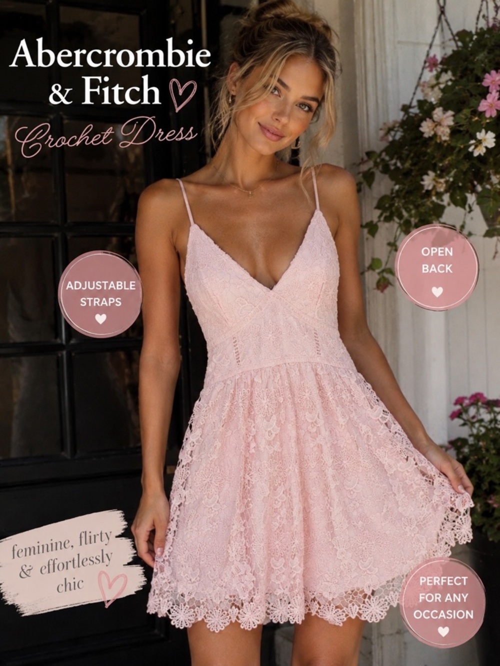Abercrombie & Fitch Pink Crochet Lace Dress | | Adjustable Straps | Mini Dress - Picture 1 of 5